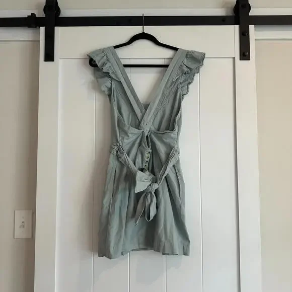 FREE PEOPLE Seafoam Green Lara Ruffle Bib Mini Dress Size Medium - Picture 8 of 9